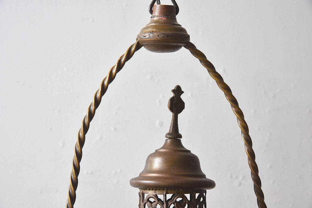 フランスアンティーク　金属製　色ガラス入りランタン