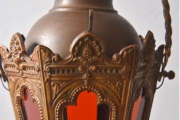 フランスアンティーク　金属製　色ガラス入りランタン
