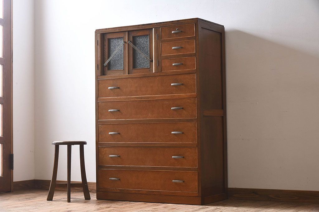 レトロ家具　昭和レトロ　人気のダイヤガラス入りの愛らしいチェスト