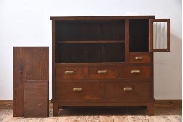 レトロ家具　昭和レトロ　前面ケヤキ材　人気のモールガラス入りのアンティーク収納棚(戸棚)