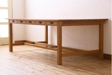 アンティーク家具　和製アンティーク　オーク材の両面引き出し付き特大作業台(ダイニングテーブル)