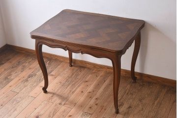 アンティーク家具　フランスアンティーク　オーク材　パーケット天板と猫脚のデザインが素敵なエクステンションテーブル