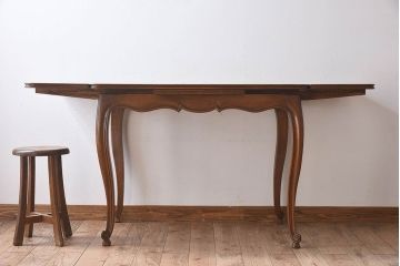 アンティーク家具　フランスアンティーク　オーク材　パーケット天板と猫脚のデザインが素敵なエクステンションテーブル