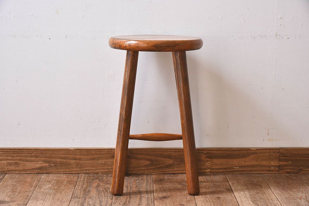 レトロ家具　昭和レトロ　パイン材　古い木の質感が味のある丸型スツール(椅子、チェア)