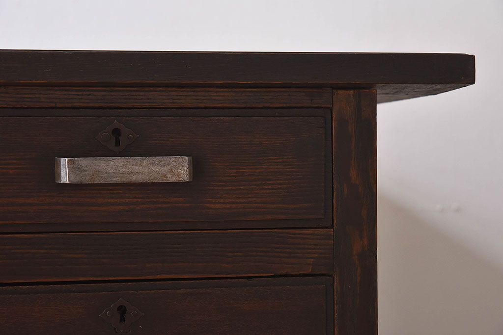 レトロ家具　昭和レトロ　古いナラ材の重厚な片袖机(学習机、在宅ワーク、在宅用デスク)