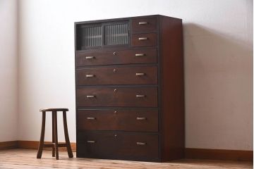 レトロ家具　昭和レトロ　前面栗材製　モールガラス入り!衣装箪笥(引き出し、チェスト)