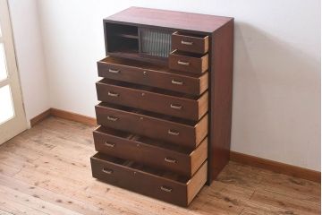 レトロ家具　昭和レトロ　前面栗材製　モールガラス入り!衣装箪笥(引き出し、チェスト)