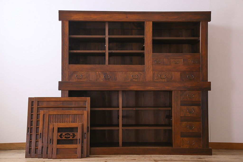 アンティーク家具　古民具・骨董　欅・檜材　昇り引き出し付き!六尺水屋箪笥(食器棚、収納棚)