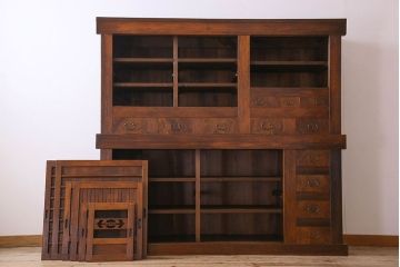 アンティーク家具　古民具・骨董　欅・檜材　昇り引き出し付き!六尺水屋箪笥(食器棚、収納棚)