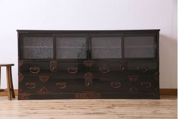 アンティーク家具　古民具・骨董　明治期　六尺　台輪付き!結霜ガラス引き戸の大川箪笥サイドボード(水屋箪笥)(2)