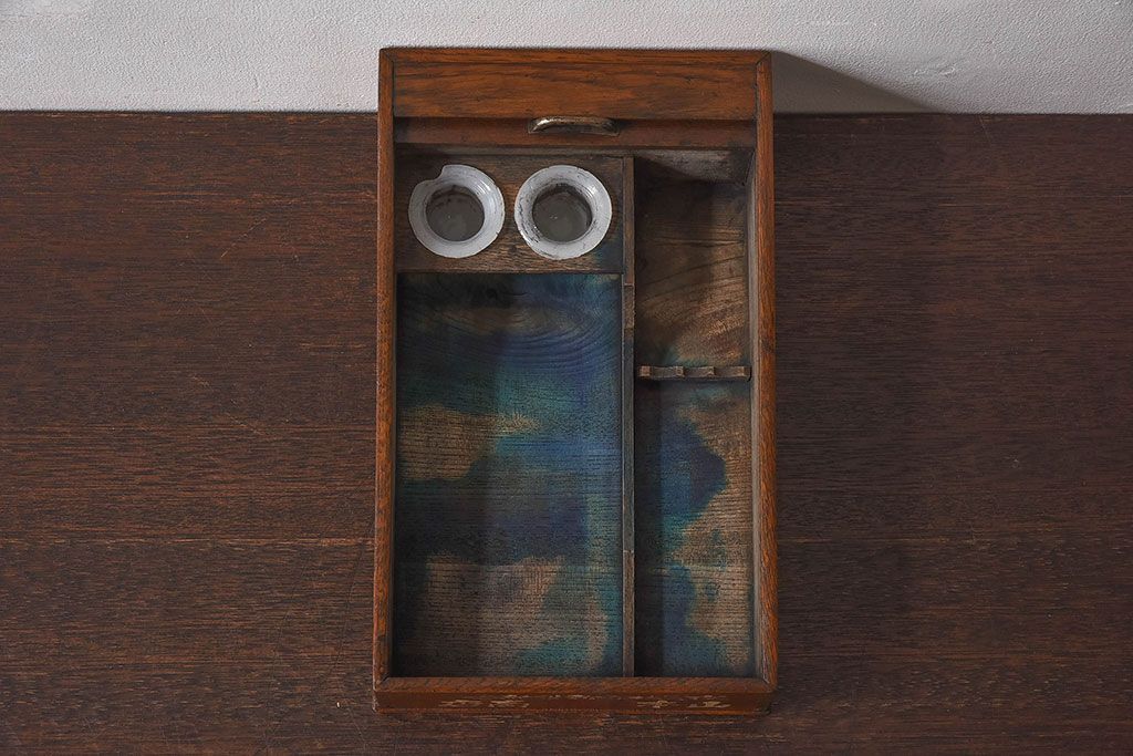 アンティーク雑貨　和製アンティーク　シャッター扉付きペン入れ(小物入れ、道具箱)