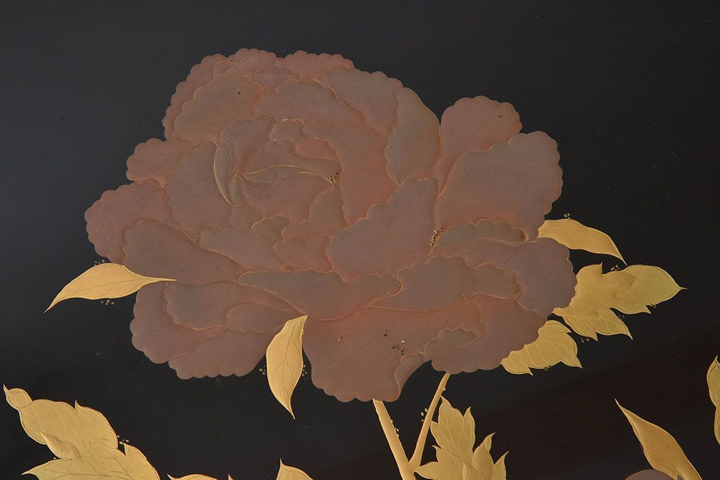 アンティーク雑貨　古民具・骨董　高級品!牡丹の蒔絵が漆塗りに良く映える盆(トレー)2枚セット