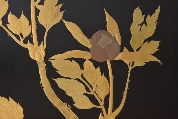 アンティーク雑貨　古民具・骨董　高級品!牡丹の蒔絵が漆塗りに良く映える盆(トレー)2枚セット