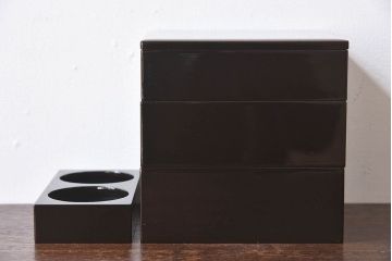 アンティーク雑貨　古民具・骨董　外箱付き　富士の蒔絵が描かれた漆重箱(野弁当箱)