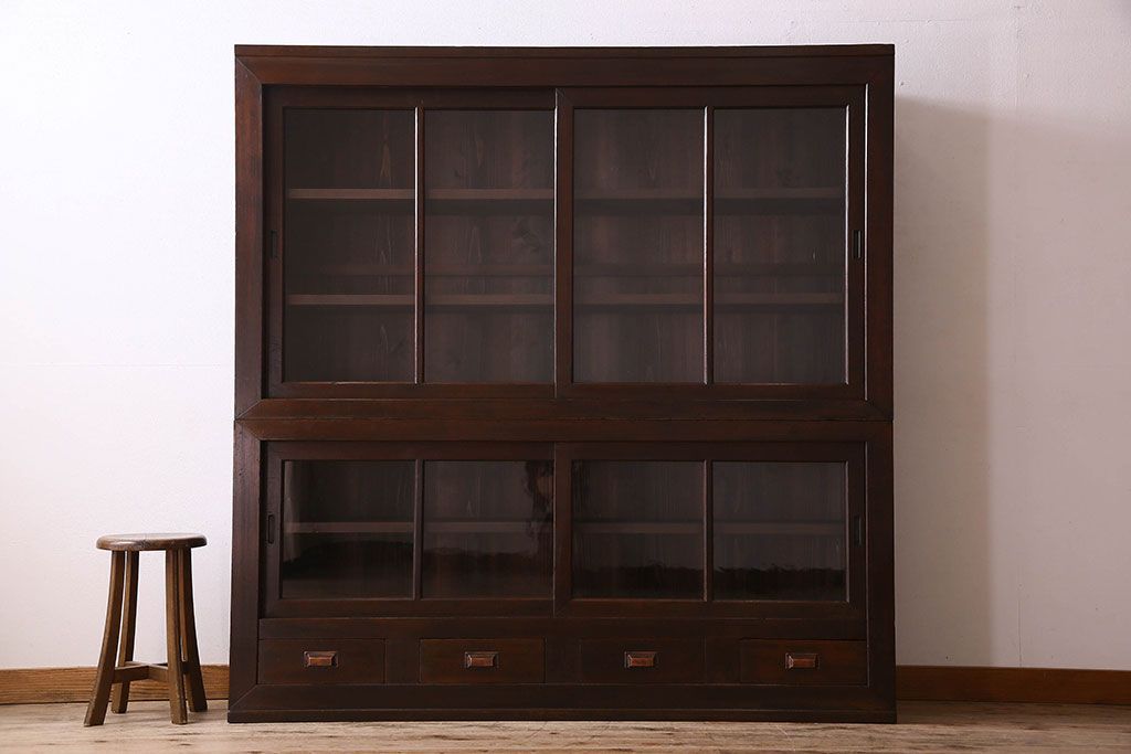 アンティーク家具　和製アンティーク　六尺　二段重ね関西収納棚(戸棚、水屋箪笥、ガラスケース)