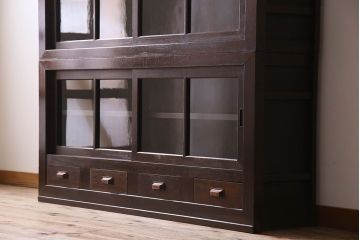 アンティーク家具　和製アンティーク　六尺　二段重ね関西収納棚(戸棚、水屋箪笥、ガラスケース)