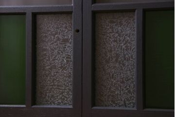 昭和レトロ　結霜ガラス入り!色ガラスがお洒落なペイントガラス戸4枚セット(窓)(1)