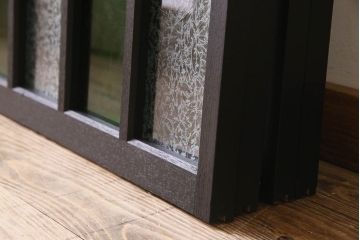 昭和レトロ　結霜ガラス入り!色ガラスがお洒落なペイントガラス戸4枚セット(窓)(1)