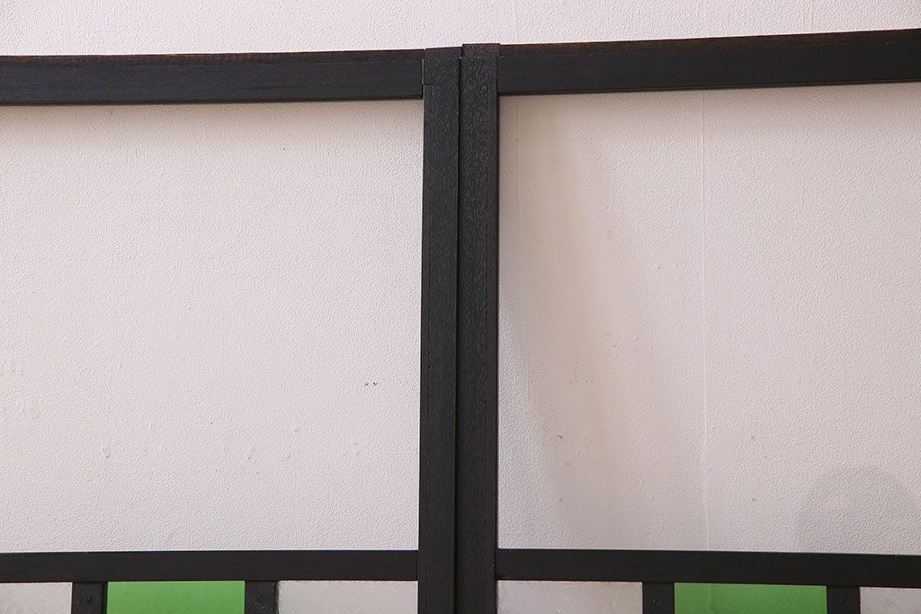 昭和レトロ　結霜ガラス入り!色ガラスがお洒落なペイントガラス戸4枚セット(窓)(1)