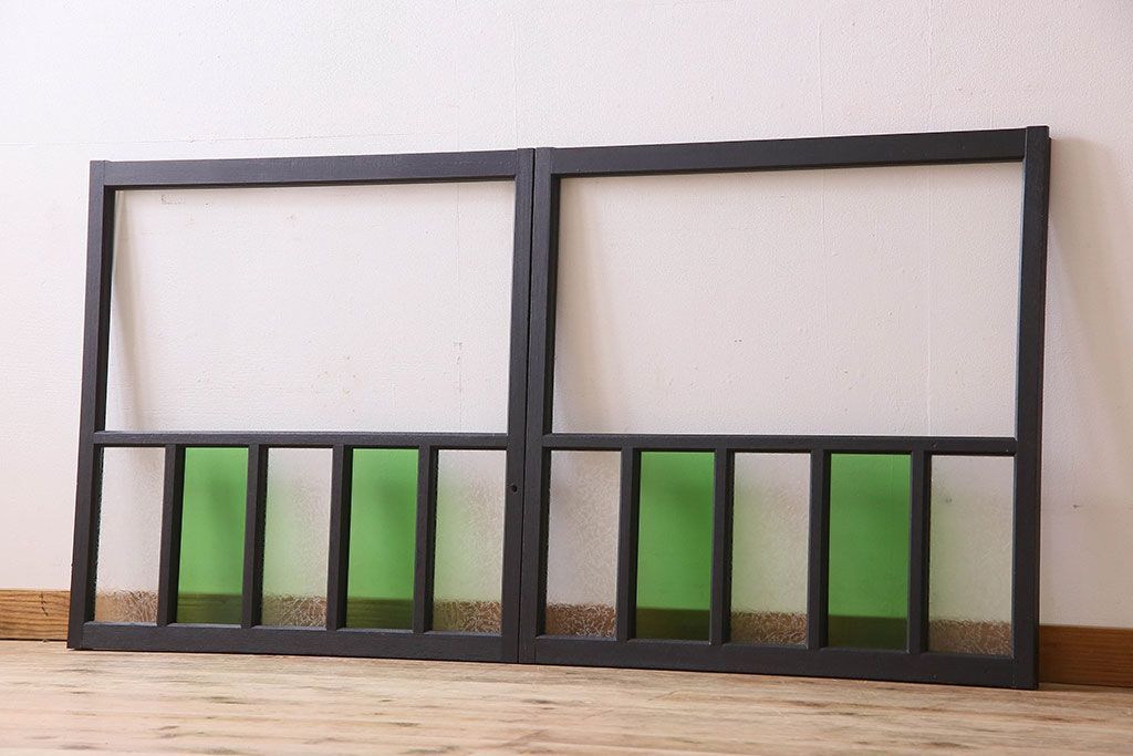 昭和レトロ　結霜ガラス入り!色ガラスがお洒落なペイントガラス戸2枚セット(窓)(2)