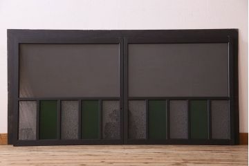 昭和レトロ　結霜ガラス入り!色ガラスがお洒落なペイントガラス戸2枚セット(窓)(2)