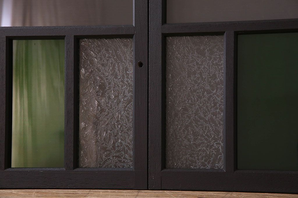 昭和レトロ　結霜ガラス入り!色ガラスがお洒落なペイントガラス戸2枚セット(窓)(2)