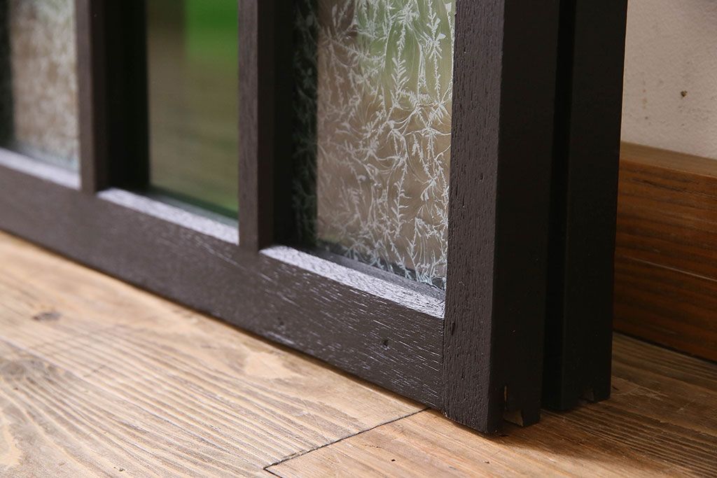 昭和レトロ　結霜ガラス入り!色ガラスがお洒落なペイントガラス戸2枚セット(窓)(2)