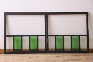 昭和レトロ　結霜ガラス入り!色ガラスがお洒落なペイントガラス戸2枚セット(窓)(2)