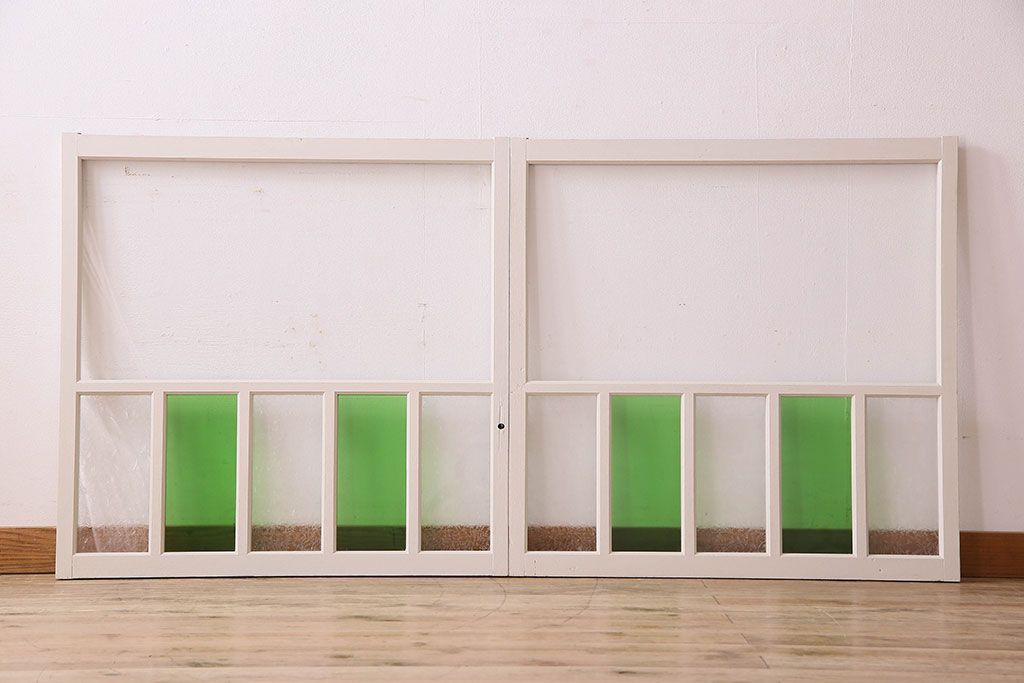 昭和レトロ　結霜ガラス入り!色ガラスがお洒落なペイントガラス戸2枚セット(窓)(3)