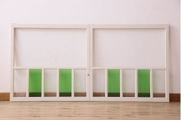 昭和レトロ　結霜ガラス入り!色ガラスがお洒落なペイントガラス戸2枚セット(窓)(3)