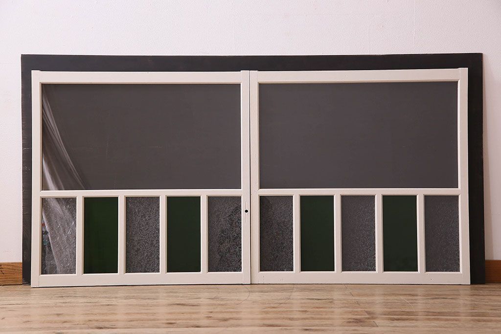 昭和レトロ　結霜ガラス入り!色ガラスがお洒落なペイントガラス戸2枚セット(窓)(3)