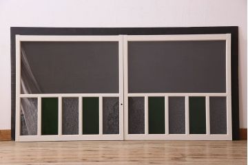 昭和レトロ　結霜ガラス入り!色ガラスがお洒落なペイントガラス戸2枚セット(窓)(3)