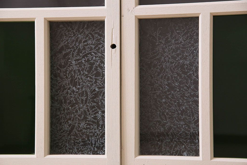 昭和レトロ　結霜ガラス入り!色ガラスがお洒落なペイントガラス戸2枚セット(窓)(3)