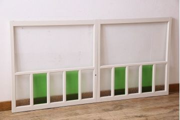 昭和レトロ　結霜ガラス入り!色ガラスがお洒落なペイントガラス戸2枚セット(窓)(3)