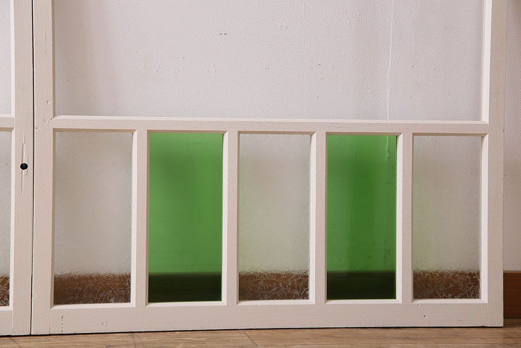 昭和レトロ　結霜ガラス入り!色ガラスがお洒落なペイントガラス戸2枚セット(窓)(3)