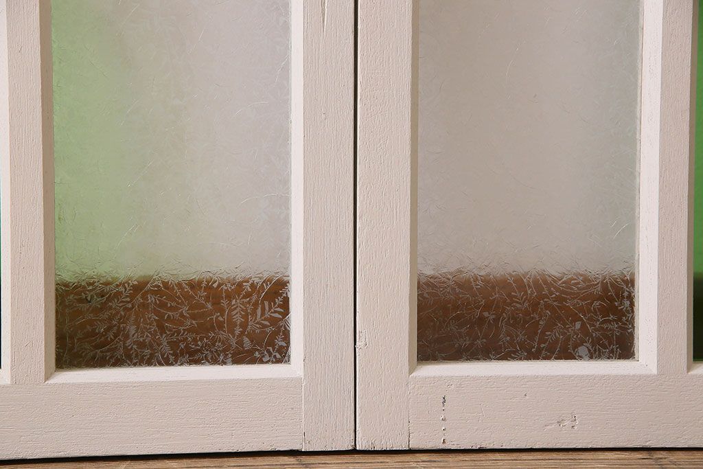 昭和レトロ　結霜ガラス入り!色ガラスがお洒落なペイントガラス戸2枚セット(窓)(3)