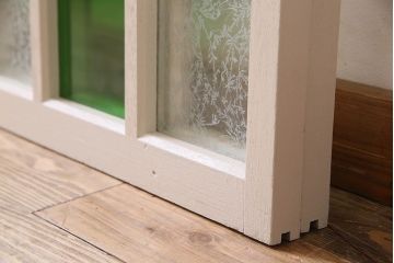 昭和レトロ　結霜ガラス入り!色ガラスがお洒落なペイントガラス戸2枚セット(窓)(3)
