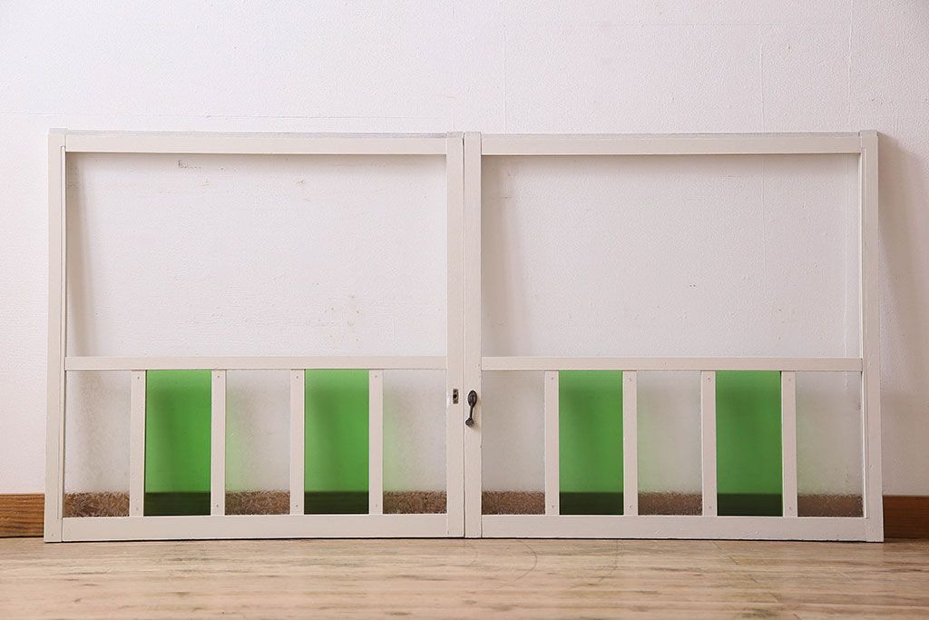 昭和レトロ　結霜ガラス入り!色ガラスがお洒落なペイントガラス戸2枚セット(窓)(3)