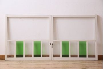 昭和レトロ　結霜ガラス入り!色ガラスがお洒落なペイントガラス戸2枚セット(窓)(3)