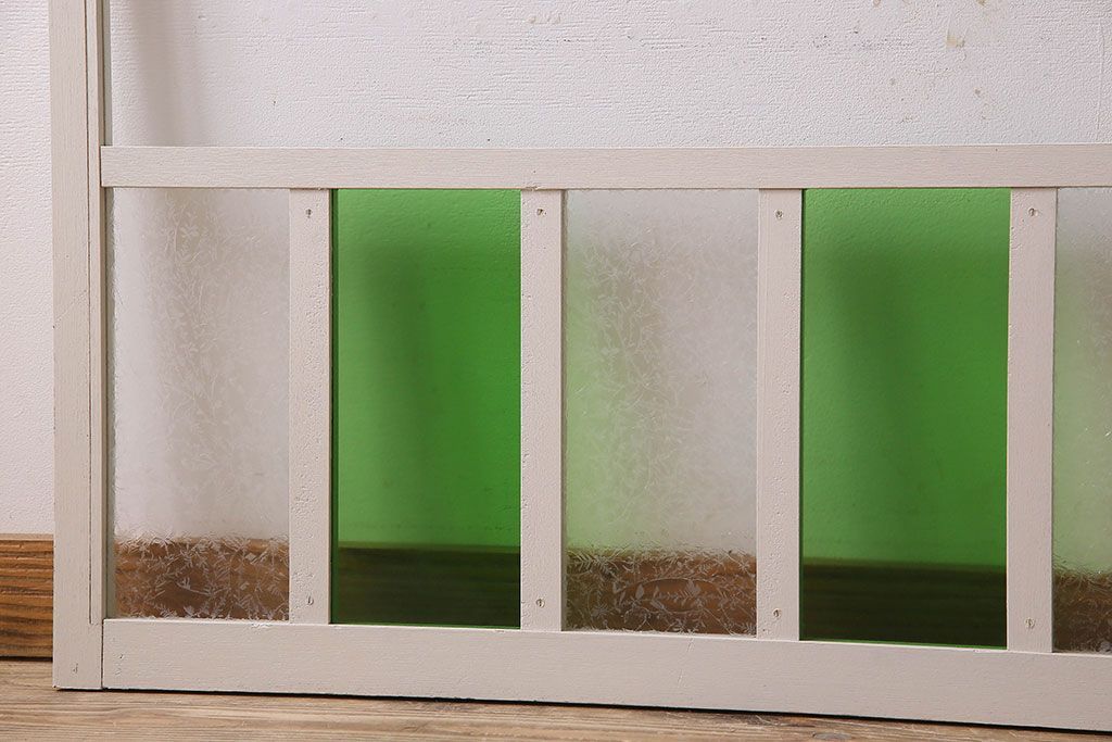 昭和レトロ　結霜ガラス入り!色ガラスがお洒落なペイントガラス戸2枚セット(窓)(3)