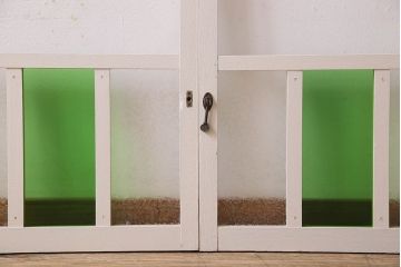 昭和レトロ　結霜ガラス入り!色ガラスがお洒落なペイントガラス戸2枚セット(窓)(3)