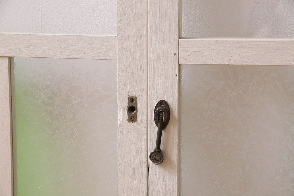 昭和レトロ　結霜ガラス入り!色ガラスがお洒落なペイントガラス戸2枚セット(窓)(3)