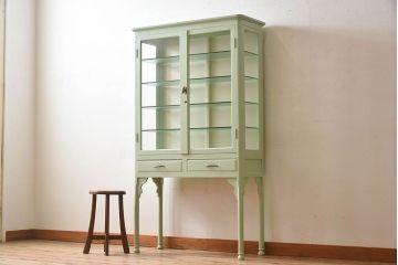 ペイント家具　柔らかな色合いのケビントガラスケース(キャビネット、収納棚、ガラスケース)