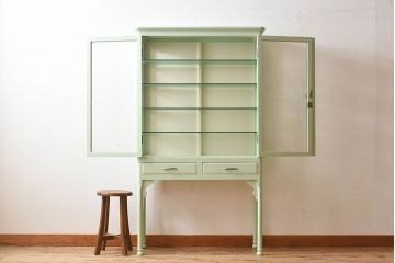 ペイント家具　柔らかな色合いのケビントガラスケース(キャビネット、収納棚、ガラスケース)