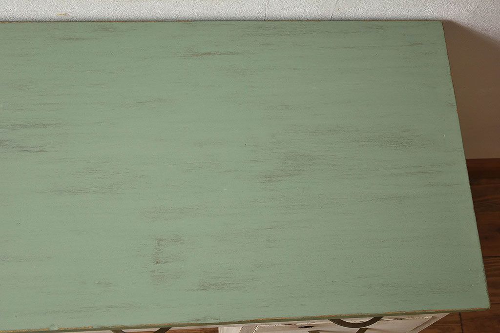 アンティーク家具　アンティークペイント　可愛らしい色合いの薄型片袖机(デスク、在宅ワーク、在宅用作業台、テーブル)