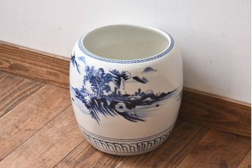アンティーク雑貨　古民具・骨董　山水図　欠け有り　アンティーク瀬戸火鉢(鉢カバー)