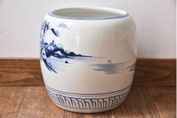 アンティーク雑貨　古民具・骨董　山水図　欠け有り　アンティーク瀬戸火鉢(鉢カバー)