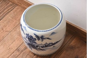 アンティーク雑貨　古民具・骨董　山水図で覆われたアンティーク瀬戸火鉢(鉢カバー)(2)