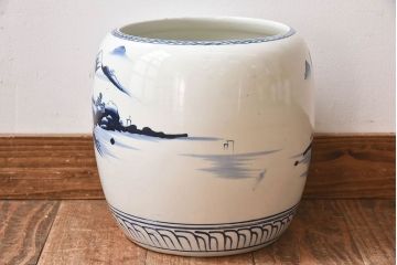 アンティーク雑貨　古民具・骨董　山水図で覆われたアンティーク瀬戸火鉢(鉢カバー)(3)