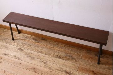 レトロ家具　昭和レトロ　ナラ材一枚板 古材の質感が味わい深い鉄脚ベンチ(長椅子、アイアンベンチ)(1)